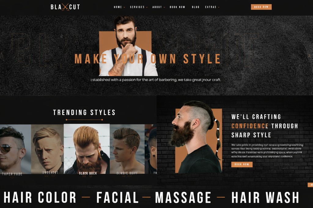 Mockup web BLAX CUT — landing de barbería oscura con tipografía fuerte y acentos naranja